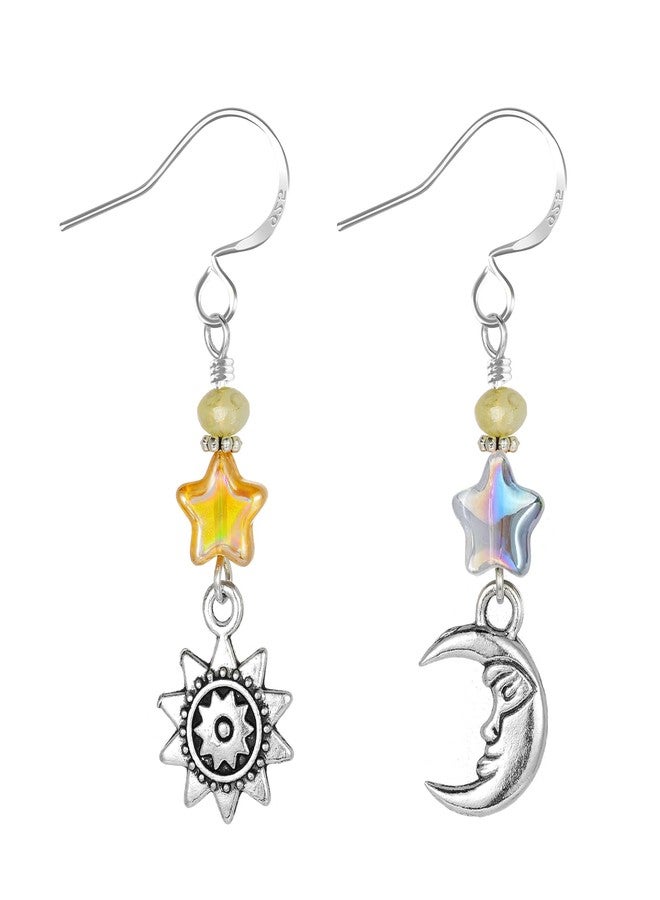 Agromusk Vintage Sun Moon Star Dangle Earrings for Women,Boho Celestial Jewelry Asymmetric Drop Earrings Silver Iridescent Orange Blue Retro Earrings Gifts(Light Blue) - Image 1